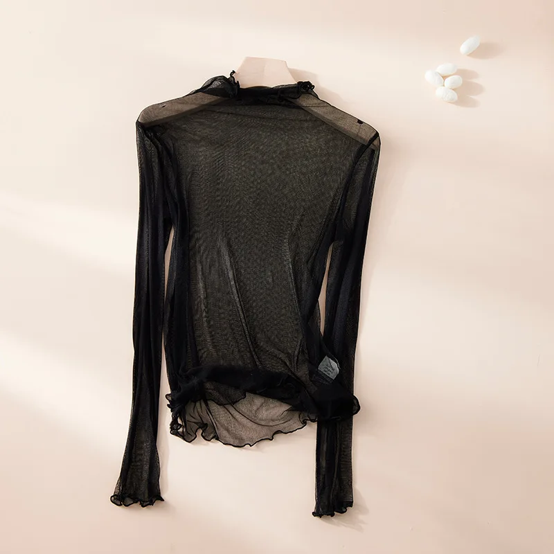 100% Mulberry Silk Slightly Transparent Semi-turtleneck Mesh Sunscreen Shirt for Women - Image 2