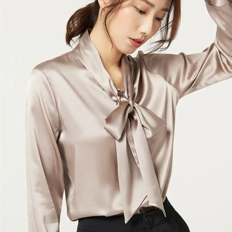 Heavyweight Mulberry Silk Shirt Women's 2025 Spring And Autumn New Long Sleeve Satin Silk Blouse V-neck Bow Ribbon Shirt - Image 4