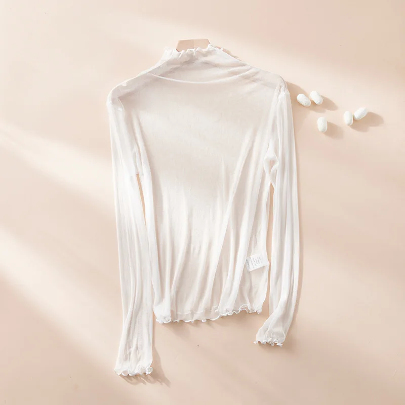 100% Mulberry Silk Slightly Transparent Semi-turtleneck Mesh Sunscreen Shirt for Women - Image 4