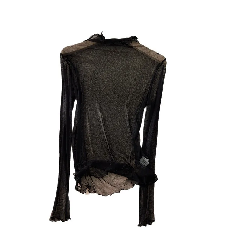 100% Mulberry Silk Slightly Transparent Semi-turtleneck Mesh Sunscreen Shirt for Women - Image 3