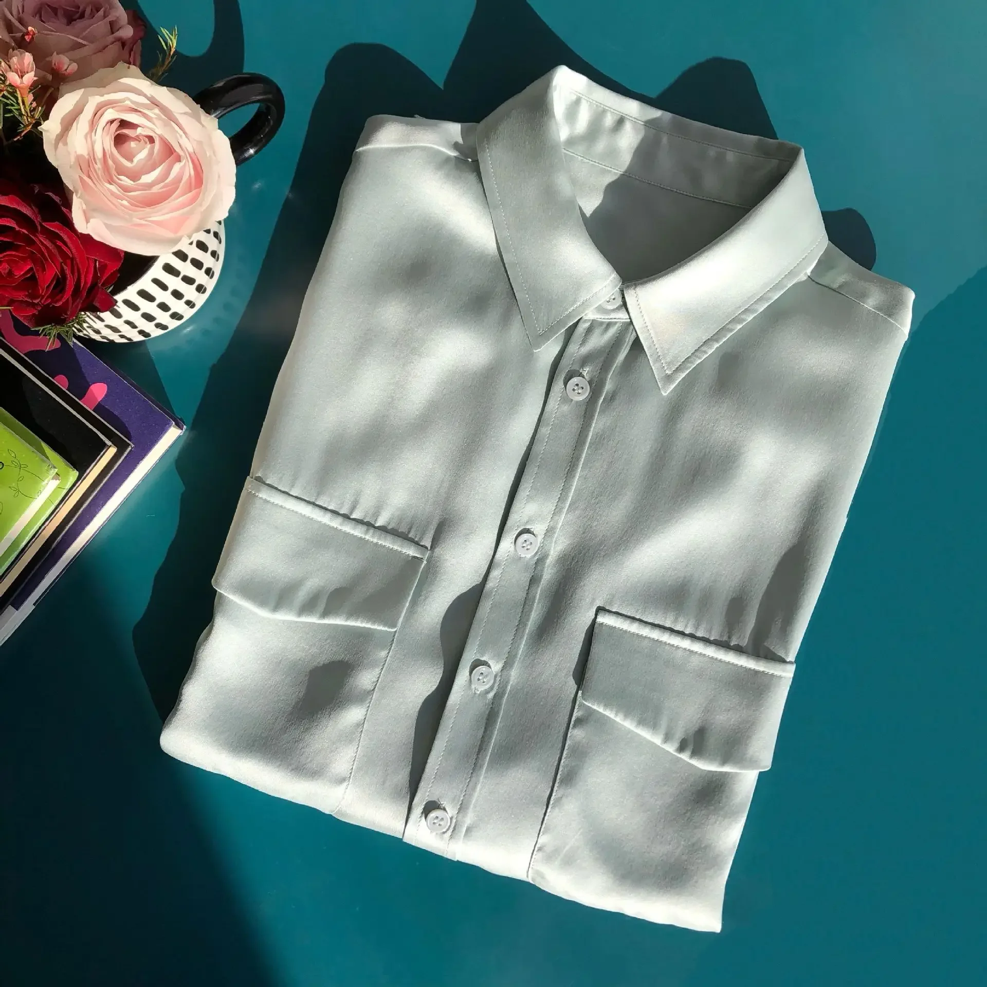 Full of Prestige High Grade Simple Satin Silk Shirt Double Pocket Long Sleeved Shirt 19mm Sand Washed Plain Crepe Satin Shirt - Image 5