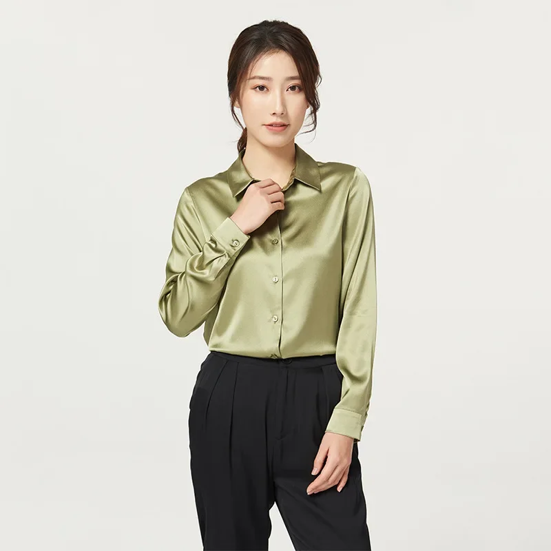Women's Long-Sleeved Satin Silk Shirt, Mulberry Silk Blouse, 93% Natural Silk + 7% Spandex - Image 4