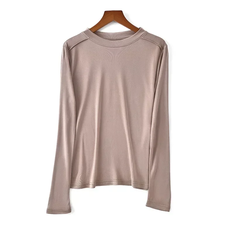 Women's Double-Sided Knitted Mulberry Silk Long-Sleeved Round Neck High Strecth Bottoming Shirt,30% Mulberry Silk +70% Vicose - Image 3