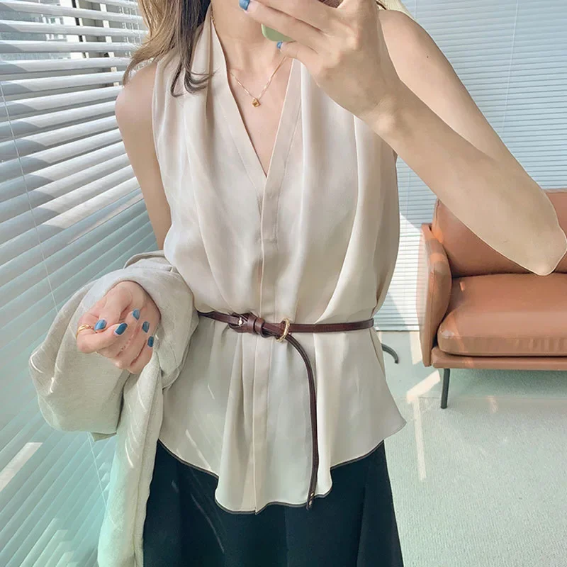 2025 Summer Women V-neck Silk Top Sleeveless Is Designed As A Niche Blouse. Tank Top Women - Image 3