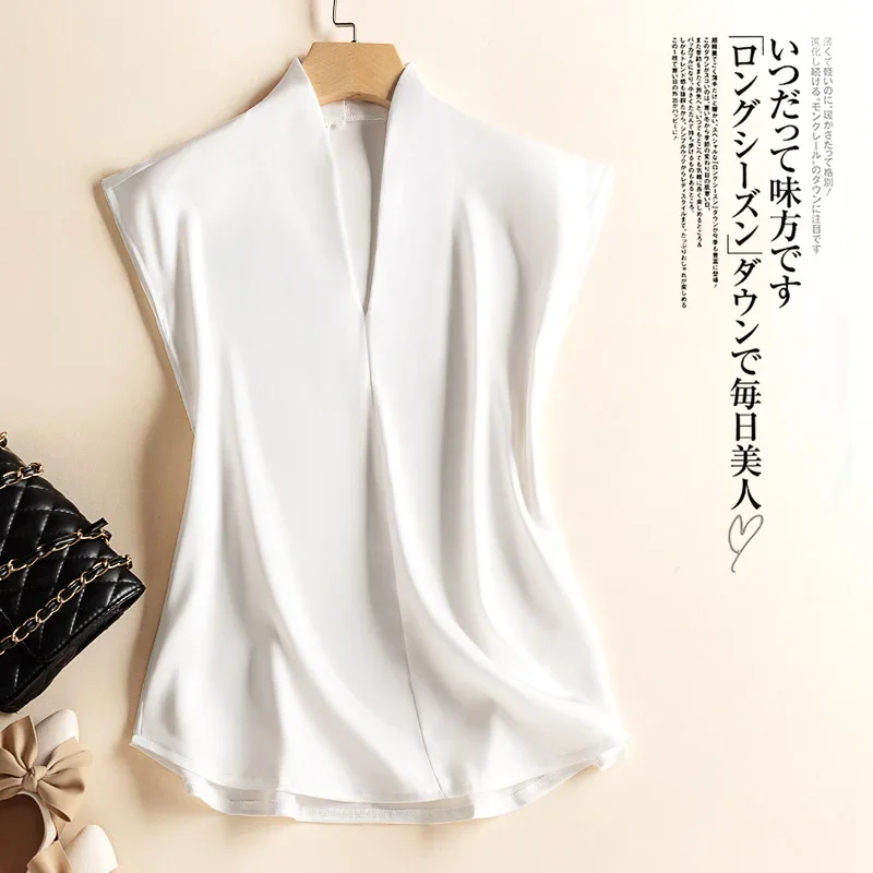 Acetate Satin Women Sleeveless Top New Temperament V-neck Acetate Silk Top Sleeveless T-shirt Japan Acetate Fiber Crop Top - Image 6