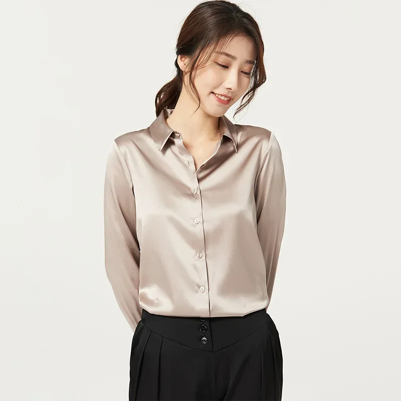 Women's Long-Sleeved Satin Silk Shirt, Mulberry Silk Blouse, 93% Natural Silk + 7% Spandex