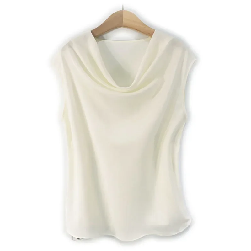 19 MM Women's Pure Silk Tank Vest Tops Stretch Ladies' Shirts with Short Sleeves Simple Wave Neck - Image 2