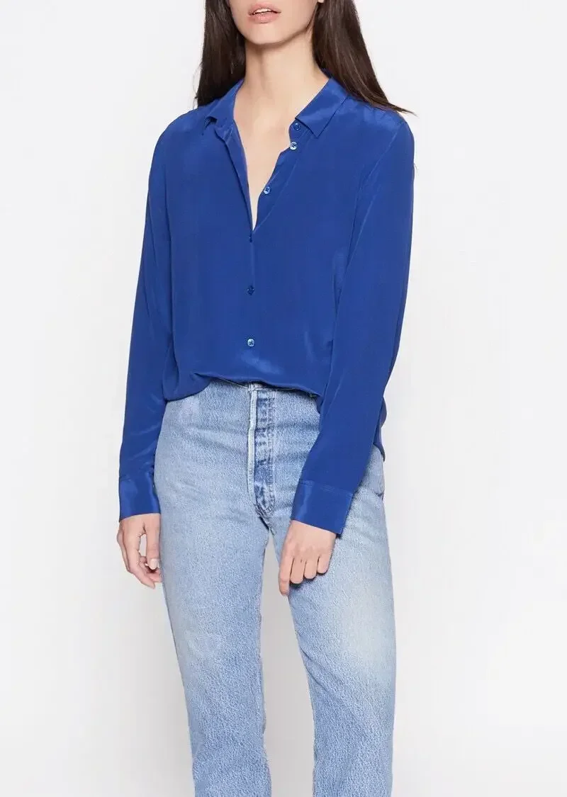 EQ Solid Color Silk Shirt 21 Colors Option 2025 New Sand-washed Mulberry Silk Long Sleeve Shirt OL Women SILK Blouse Blue - Image 6