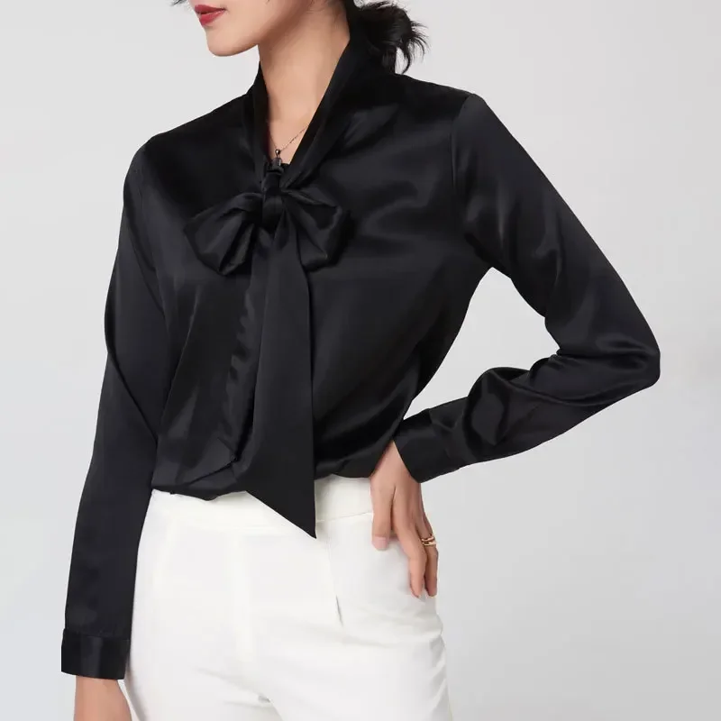 Heavyweight Mulberry Silk Shirt Women's 2025 Spring And Autumn New Long Sleeve Satin Silk Blouse V-neck Bow Ribbon Shirt - Image 5