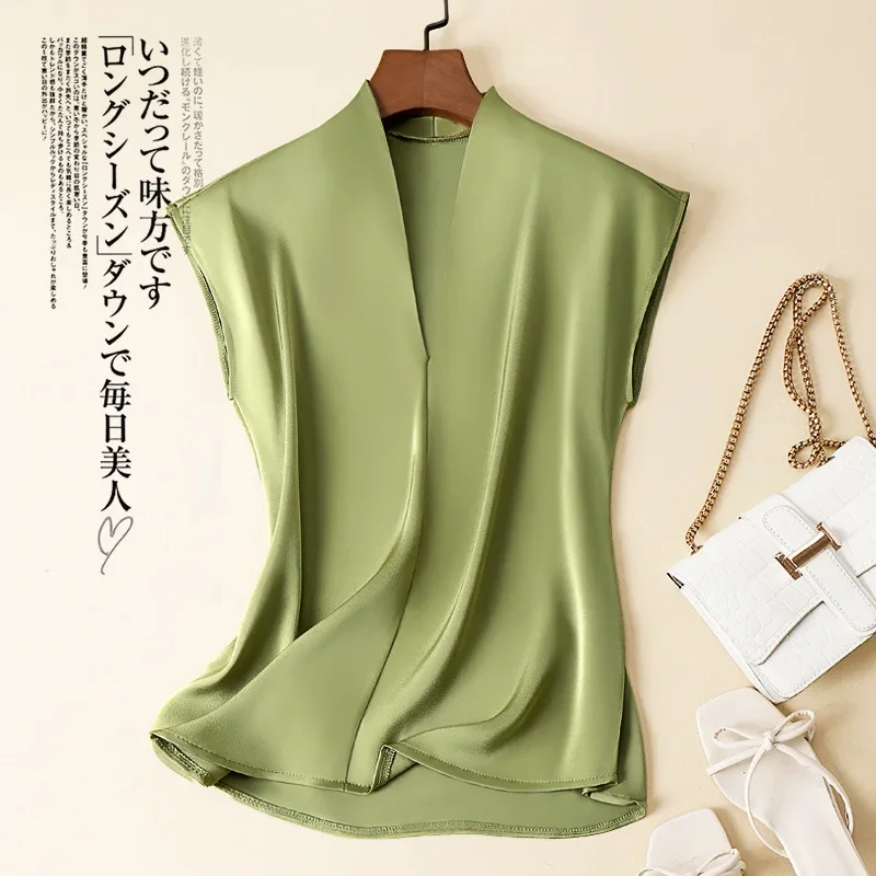Acetate Satin Women Sleeveless Top New Temperament V-neck Acetate Silk Top Sleeveless T-shirt Japan Acetate Fiber Crop Top - Image 2