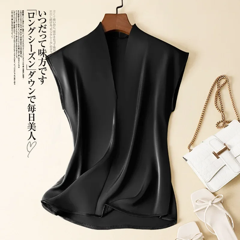 Acetate Satin Women Sleeveless Top New Temperament V-neck Acetate Silk Top Sleeveless T-shirt Japan Acetate Fiber Crop Top - Image 3