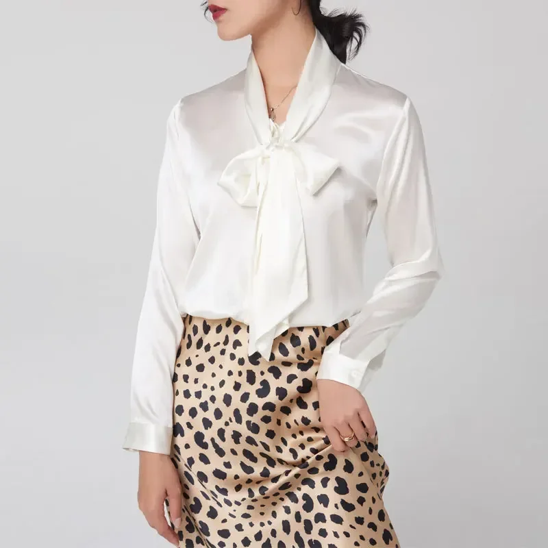 Heavyweight Mulberry Silk Shirt Women's 2025 Spring And Autumn New Long Sleeve Satin Silk Blouse V-neck Bow Ribbon Shirt - Image 2