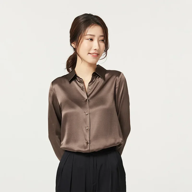 Women's Long-Sleeved Satin Silk Shirt, Mulberry Silk Blouse, 93% Natural Silk + 7% Spandex - Image 2