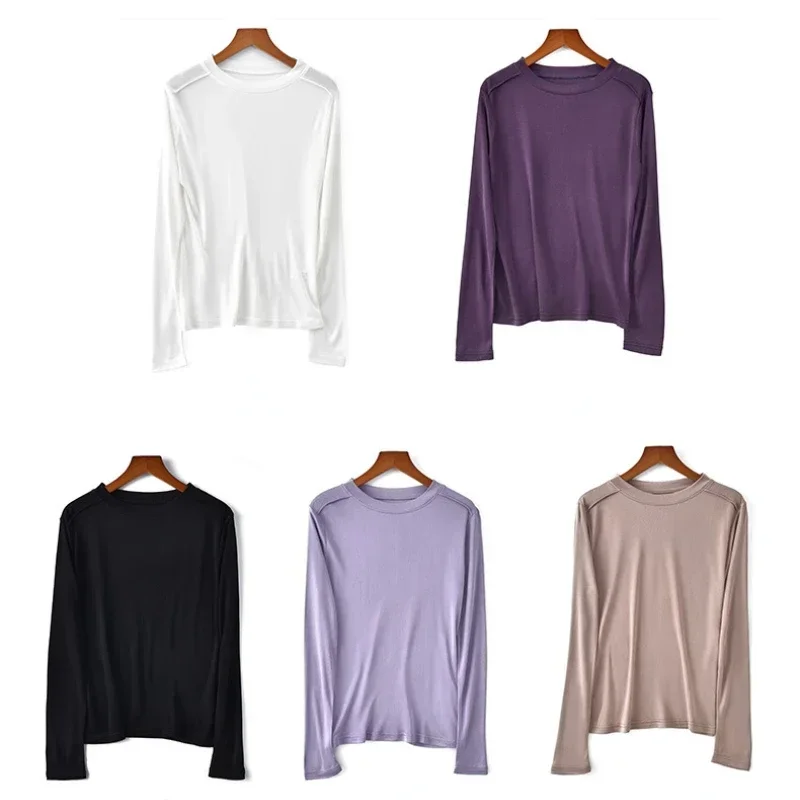 Women's Double-Sided Knitted Mulberry Silk Long-Sleeved Round Neck High Strecth Bottoming Shirt,30% Mulberry Silk +70% Vicose - Image 2