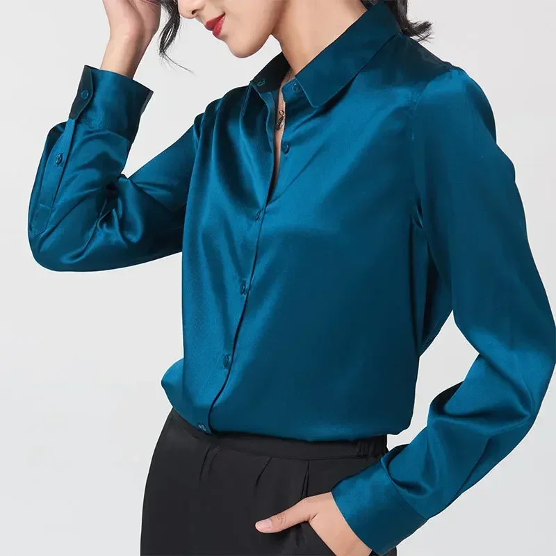Woman Silk Shirt Long-sleeved Satin Women Blouse 19mm Mulberry Silk Blouse Loose Versatile Base Shirt 95% Natural Silk+5%Spandex - Image 3