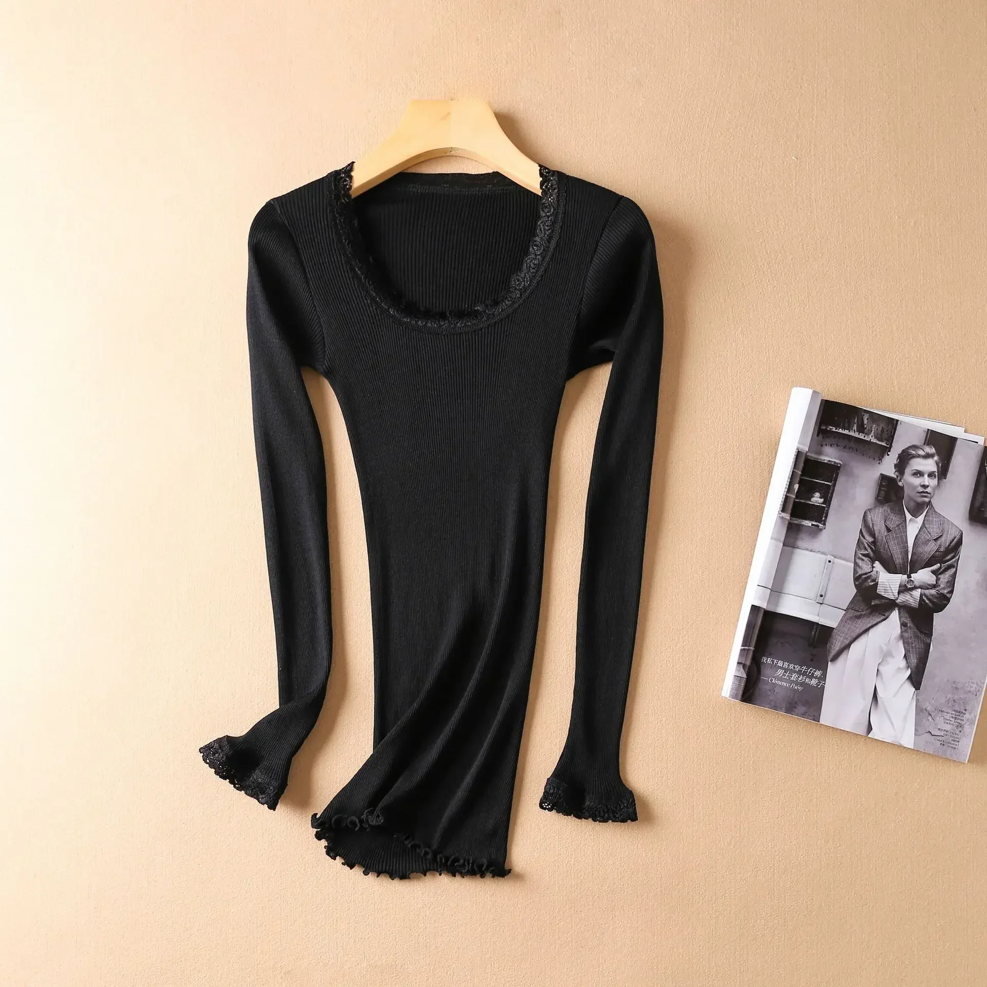 Autumn and Winter Mulberry Silk Women's Warm Underwear Round Neck Silk Lace Edge Long Sleeve Bottom Shirt Slim Fit - Image 6