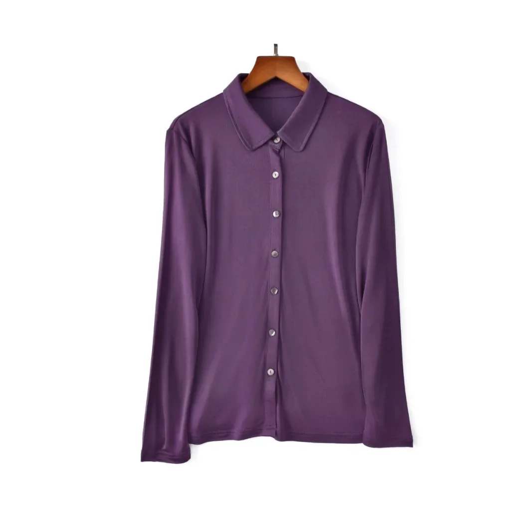 Yuyue 2025 New Leisure Lapel Cotton Silk Cardigan Long Sleeve Fashion Single-breasted 30% Mulberry Silk Shirt Big Size - Image 4