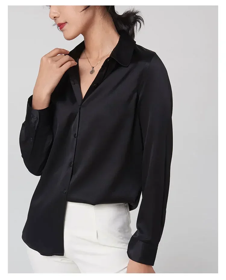 Woman Silk Shirt Long-sleeved Satin Women Blouse 19mm Mulberry Silk Blouse Loose Versatile Base Shirt 95% Natural Silk+5%Spandex - Image 6