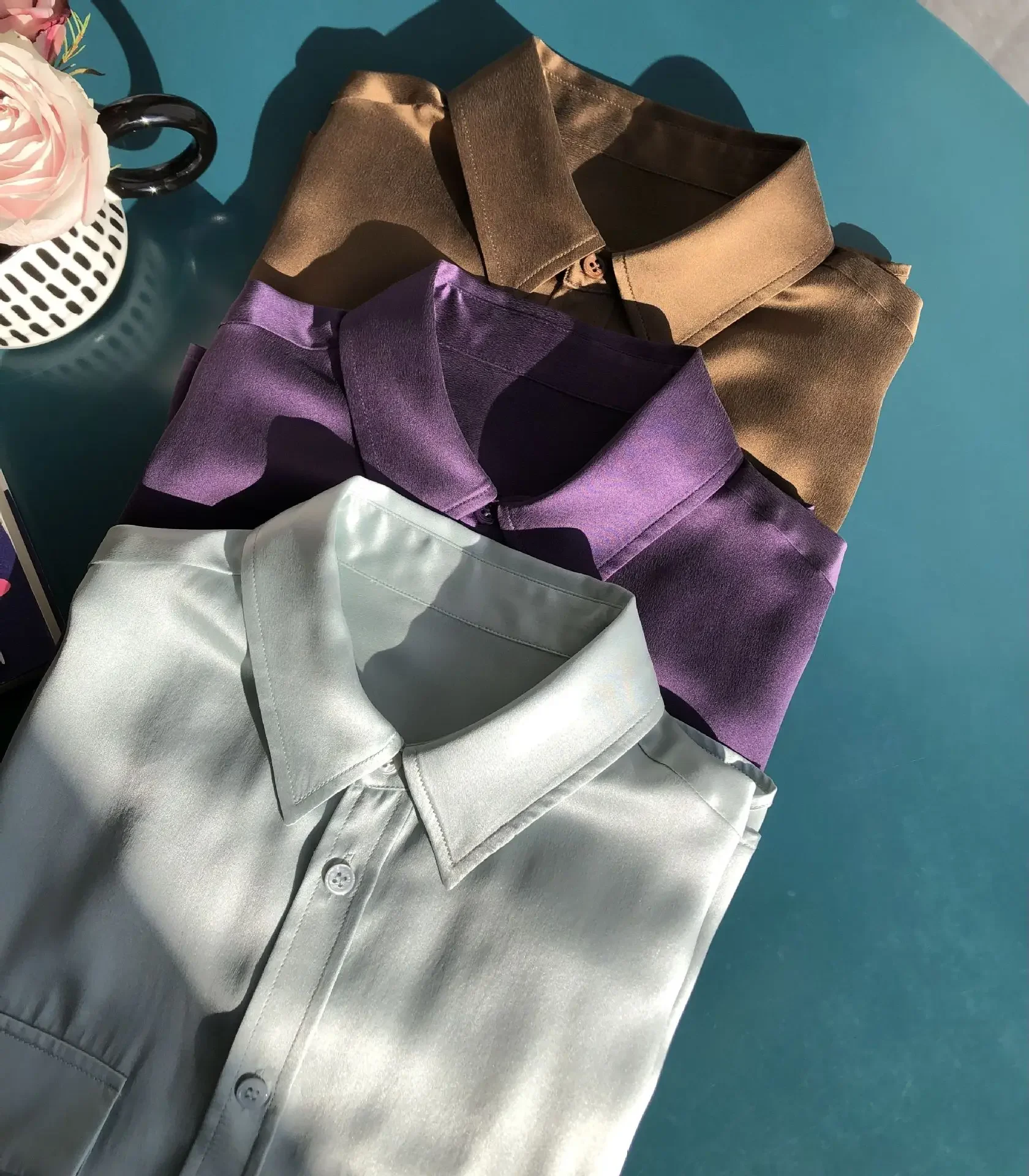 Full of Prestige High Grade Simple Satin Silk Shirt Double Pocket Long Sleeved Shirt 19mm Sand Washed Plain Crepe Satin Shirt - Image 2