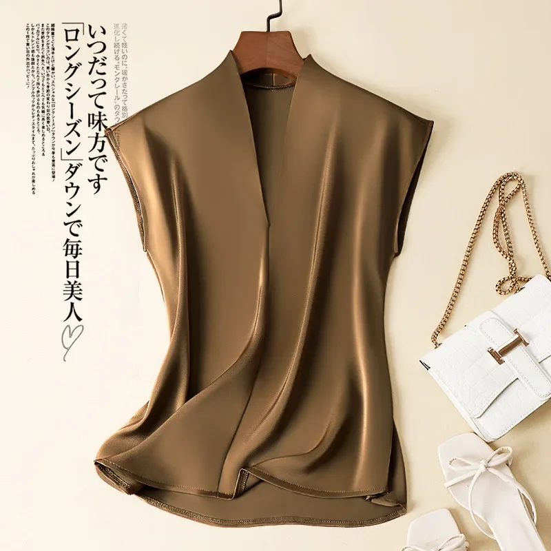 Acetate Satin Women Sleeveless Top New Temperament V-neck Acetate Silk Top Sleeveless T-shirt Japan Acetate Fiber Crop Top