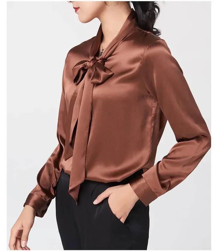 Heavyweight Mulberry Silk Shirt Women's 2025 Spring And Autumn New Long Sleeve Satin Silk Blouse V-neck Bow Ribbon Shirt - Image 6