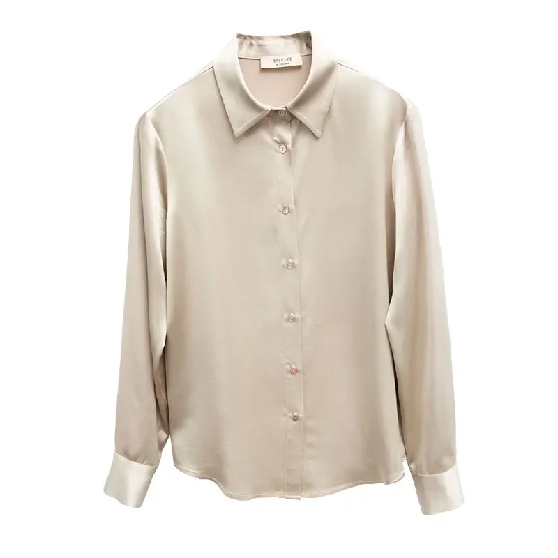Women's French Style High Quality 40 MM Heavy Office Lady Solid Satin Silk Long Sleeve Shirt Ladies' Blouse - Image 5