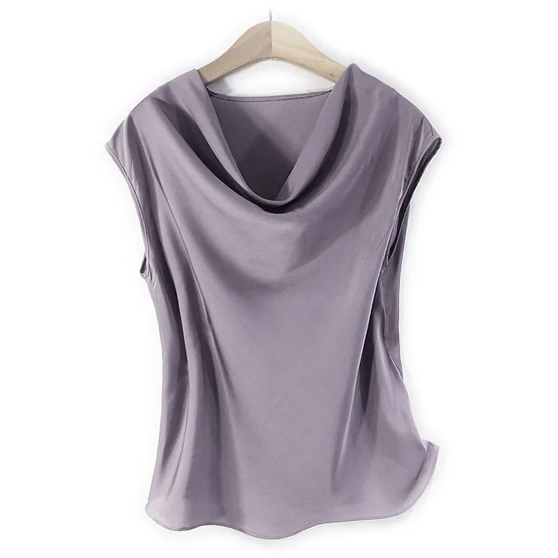 19 MM Women's Pure Silk Tank Vest Tops Stretch Ladies' Shirts with Short Sleeves Simple Wave Neck - Image 4
