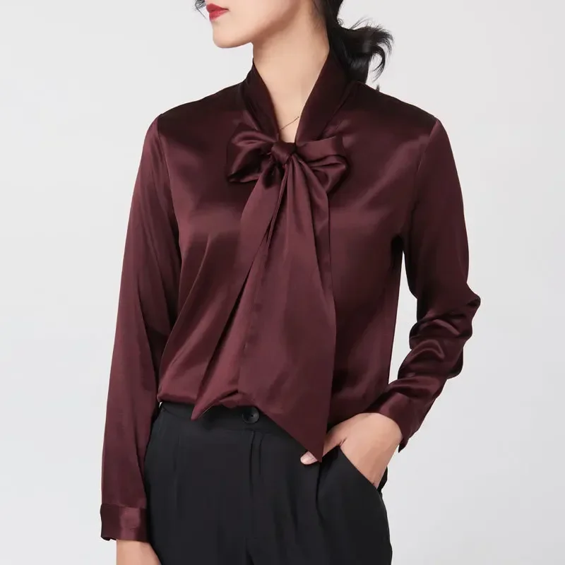 Heavyweight Mulberry Silk Shirt Women's 2025 Spring And Autumn New Long Sleeve Satin Silk Blouse V-neck Bow Ribbon Shirt - Image 3