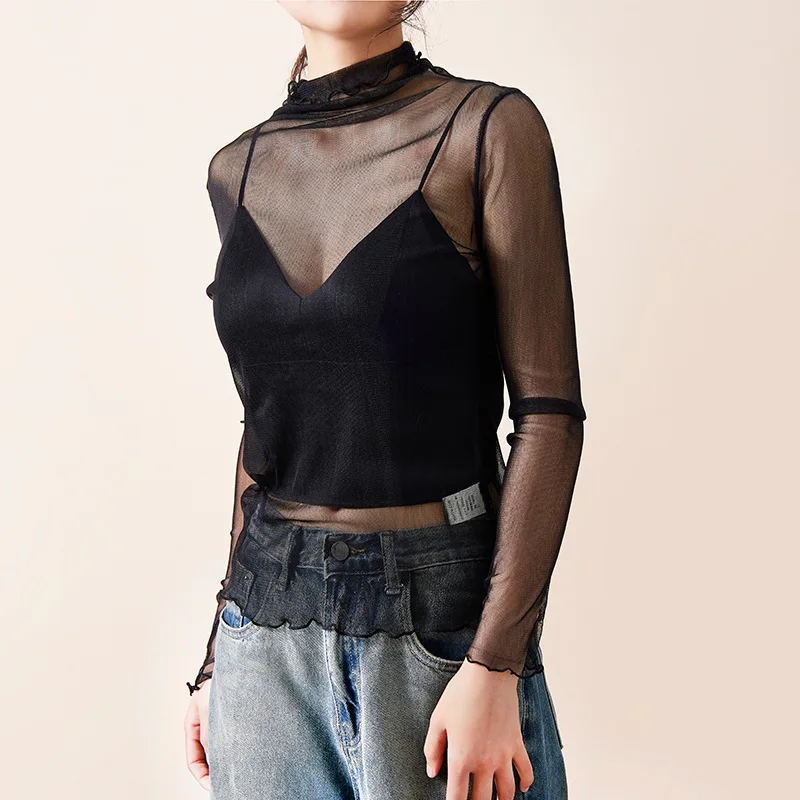 100% Mulberry Silk Slightly Transparent Semi-turtleneck Mesh Sunscreen Shirt for Women