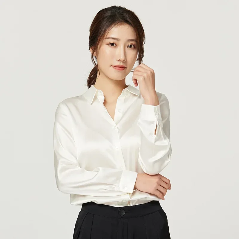Women's Long-Sleeved Satin Silk Shirt, Mulberry Silk Blouse, 93% Natural Silk + 7% Spandex - Image 3