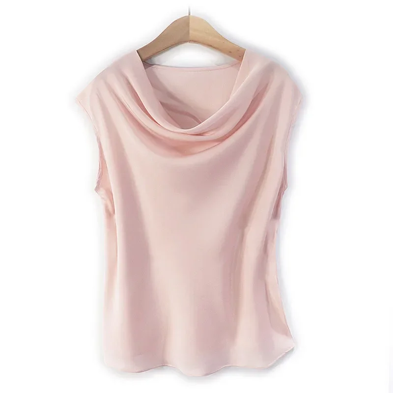 19 MM Women's Pure Silk Tank Vest Tops Stretch Ladies' Shirts with Short Sleeves Simple Wave Neck