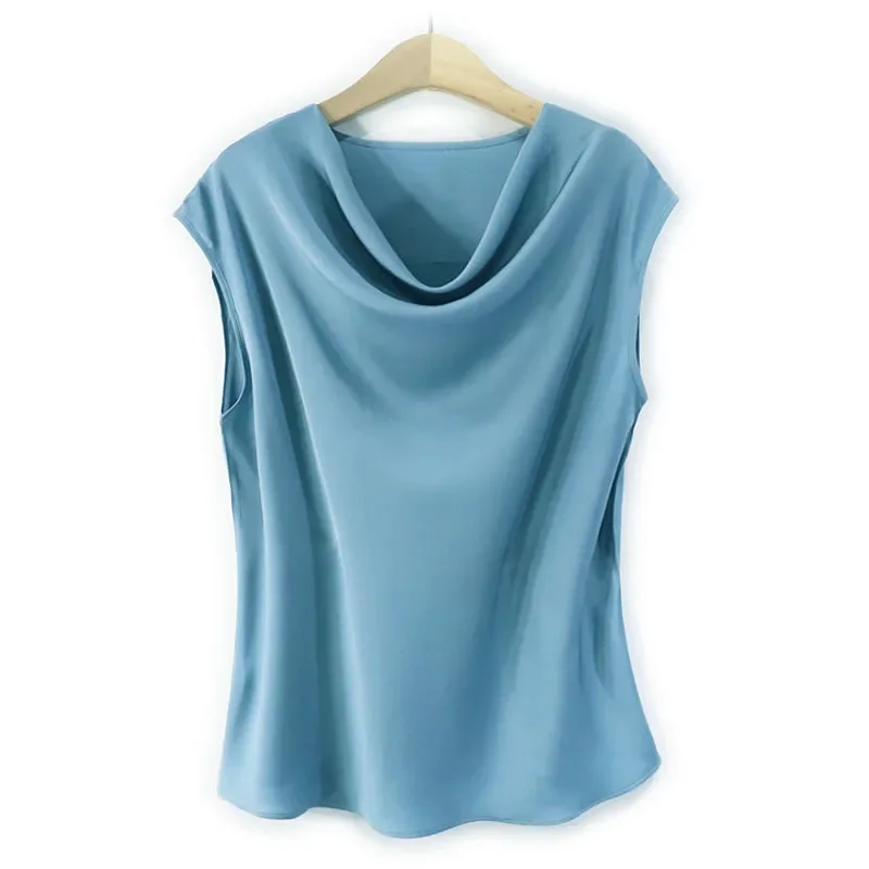 19 MM Women's Pure Silk Tank Vest Tops Stretch Ladies' Shirts with Short Sleeves Simple Wave Neck - Image 3